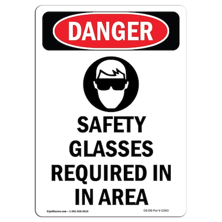 OSHA Danger Sign, Safety Glasses Required, 5in X 3.5in Decal, 10PK